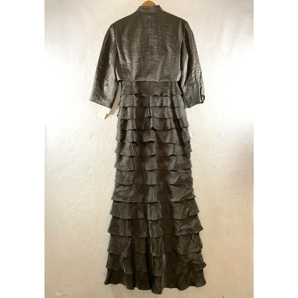 Adrianna Papell Satin Tiered Maxi Gown & Bolero 2 pc Set Dress Sz 8 Bronze Event - Picture 2 of 16